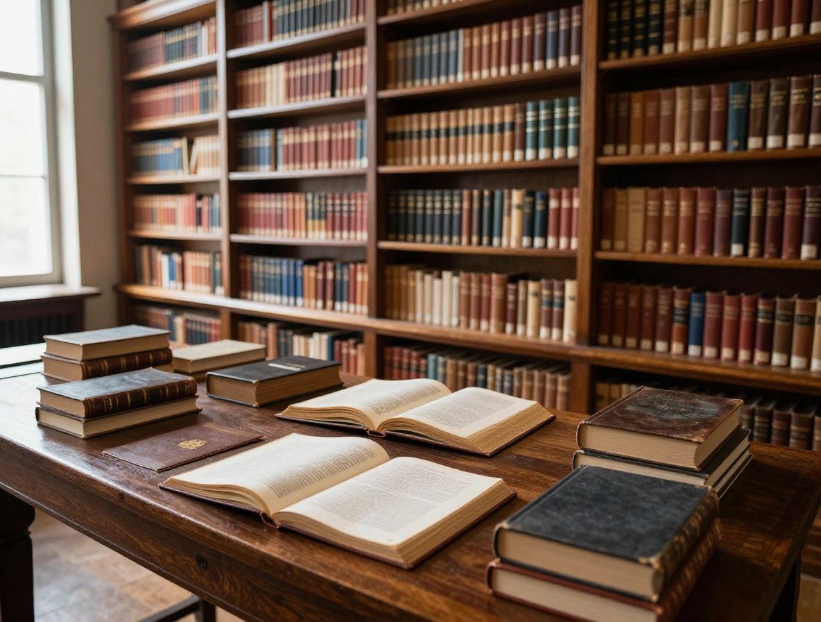 Bibliothèque ancienne avec des rangées de livres reliés en cuir brun et des manuscrits ouverts sur une table en bois sombre, éclairée par une lumière naturelle filtrant par de hautes fenêtres