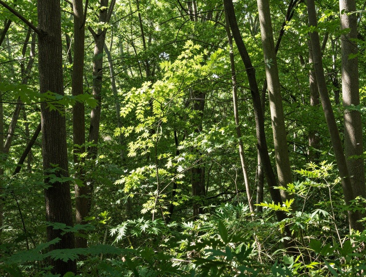 Forêt dense et lumineuse avec des rayons de soleil filtrant à travers les feuilles vertes d'un couvert forestier dense, créant des jeux de lumière sur le sol forestier moussu