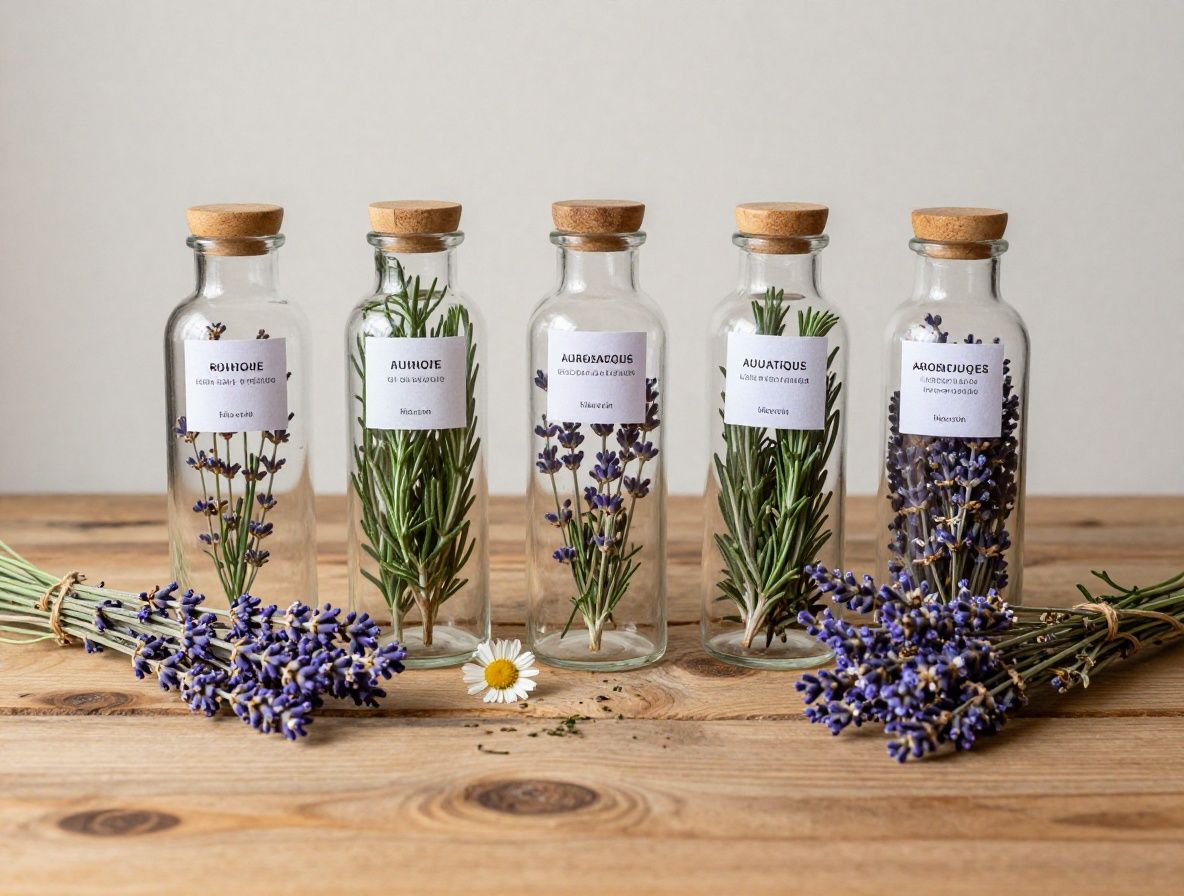 Collection de plantes aromatiques séchées — lavande, romarin, camomille et thym disposées sur une surface en bois naturel avec une lumière douce et chaude