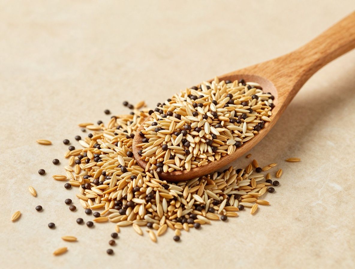 Graines de lin dorées et graines de chia noires mélangées dans une cuillère en bois sur une surface en marbre blanc avec une lumière naturelle diffuse