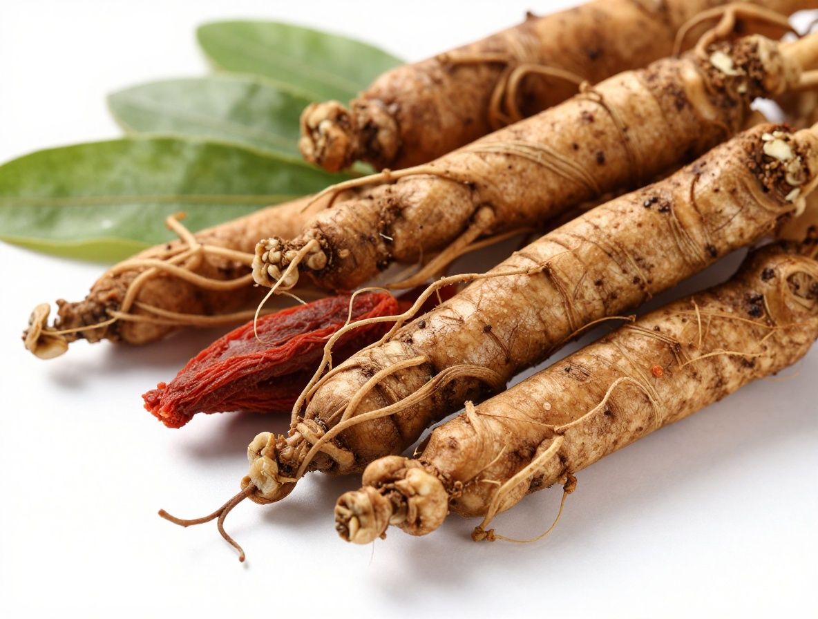 Racines de ginseng séchées, baies de goji rouges et feuilles d'ashwagandha disposées sur une surface en pierre grise avec un éclairage cinématographique latéral chaud